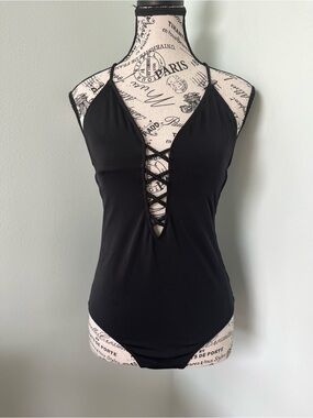 Victoria's Secret Black Lace-Up Halter One-Piece Swimsuit